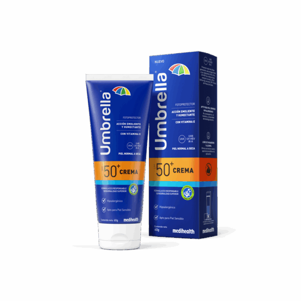 Umbrella Crema SPF 50. Con vitamina E posee acción hidratante, humectante y una alta protección, dejando la piel suave y tersa.