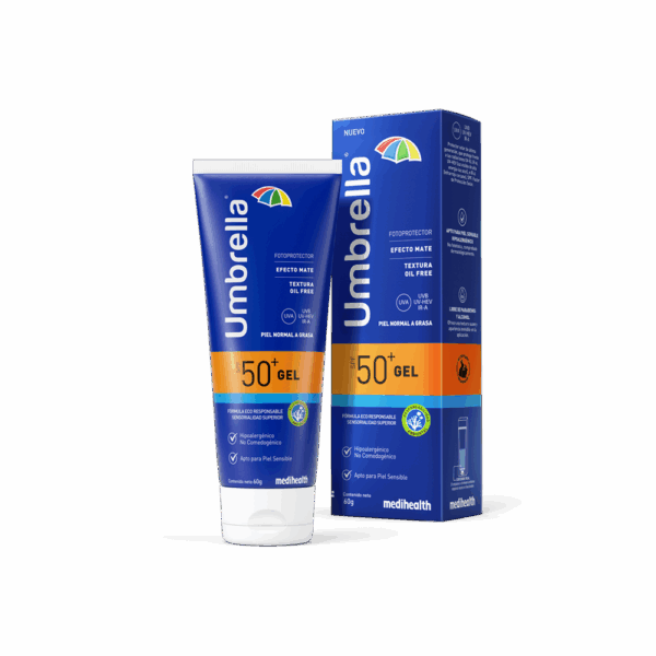 Umbrella Gel SPF 50. Asegura una alta protección en pieles grasas o con acné, efecto mate, textura suave y apariencia invisible en la aplicación.