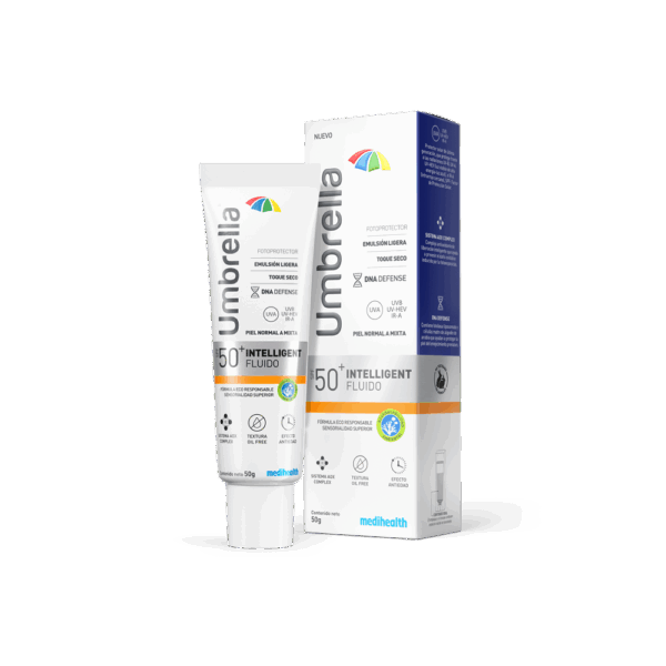 Umbrella Intelligent FluidoSPF 50. Emulsión ligera que previene la aparición de arrugas y manchas. Revierte los signos de fotoenvejecimiento.