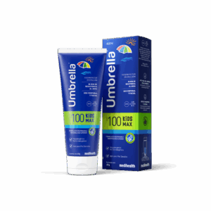 Umbrella Kids Max SPF 100. Diseñado para los niños, dermatológicamente probado e hipoalergénico, con acción hidratante y calmante del aloe vera.