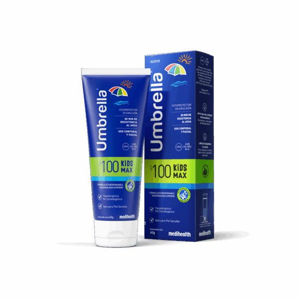 Umbrella Kids Max SPF 100. Diseñado para los niños, dermatológicamente probado e hipoalergénico, con acción hidratante y calmante del aloe vera.