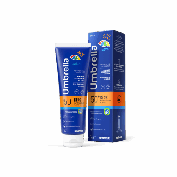 Umbrella Kids Muy Resistente al Agua SPF 50. Diseñado para los niños, dermatológicamente probado e hipoalergénico de amplio espectro.