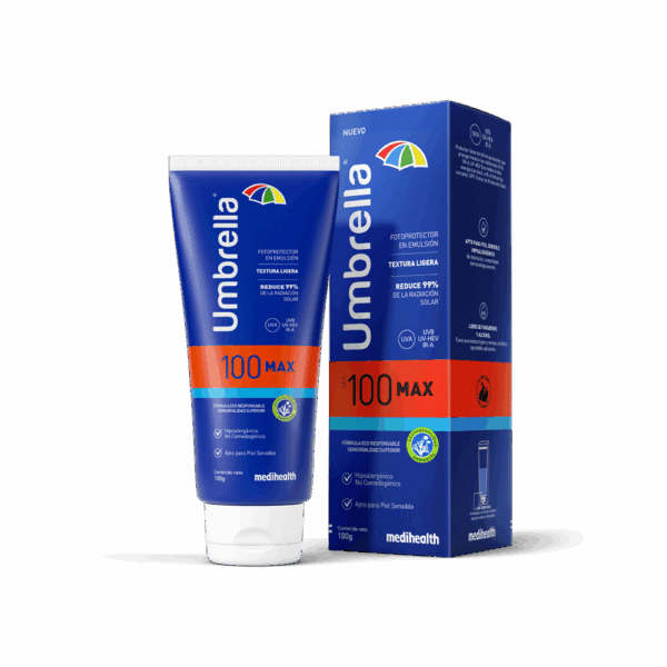 Umbrella Max SPF 100. Determinado clínicamente in vivo que ofrece la máxima protección, bloqueando el 99% de la radiación solar altamente especializado.