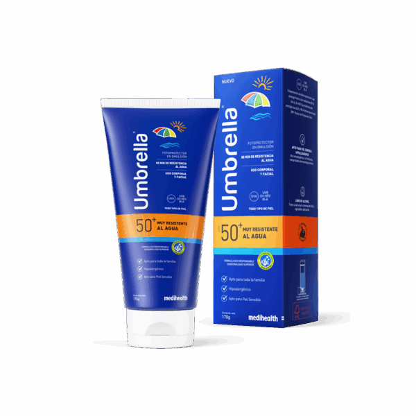 Umbrella Muy Resistente al Agua SPF 50. De amplio espectro con alta resistencia al sudor y al agua (hasta 80 minutos de inmersión). Apto para piel sensible.