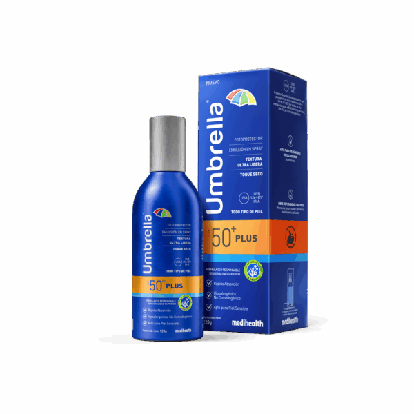 Umbrella Plus SPF 50. Emulsión en spray con textura ultra ligera y toque seco de fácil aplicación. Apto para piel sensible y todo tipo de piel.